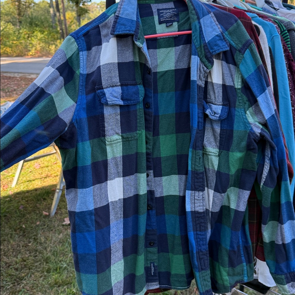 American Eagle Outfitters Navy and Green Checkered Shirt